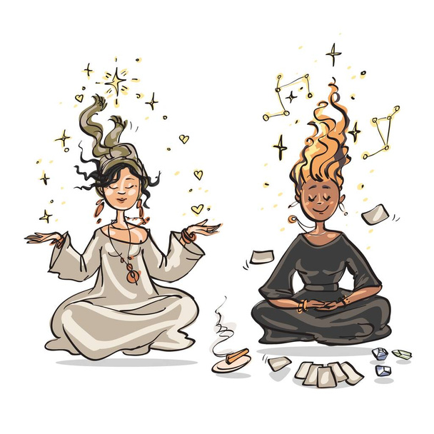 Meditating people. Cartoon vector illustration. Two ladies receiving the information from the Source. Soul mates. - Photo, Image