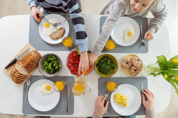 Family having healthy breakfast. Flatlay view from top - Fotografie, Obrázek