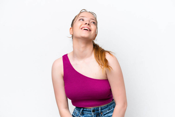 Young caucasian girl isolated on white background laughing - Φωτογραφία, εικόνα