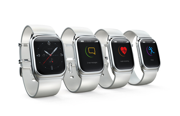 Стильные умные часы с различными приложениями на белом фоне
 - Фото, изображение