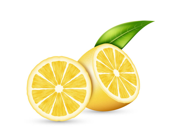 Realistic lemon with green leaf sliced and whole juicy citrus. Sour fresh fruits with bright yellow peel isolated on white background. 3d vector illustration - Vector, Image
