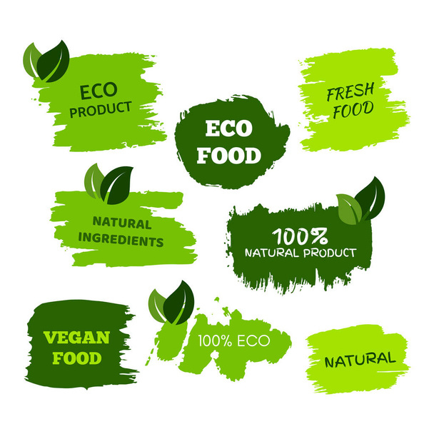 Green natural bio labels. Set of green organic, bio, eco, vegan labels on hand drawn stains. Vector illustration - ベクター画像
