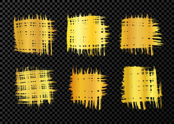 Set of gold brush strokes in square form. Hand drawn ink spot isolated on dark transparent background. Vector illustration - Вектор, зображення