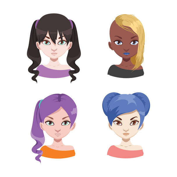 Fashionable diverse women avatars with different hair colors - Вектор,изображение