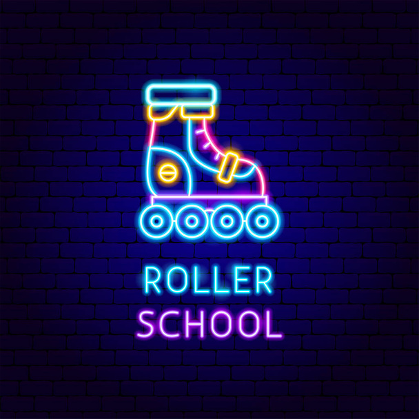 Roller School Etichetta al neon. Illustrazione vettoriale dell'oggetto incandescente sportivo. - Vettoriali, immagini