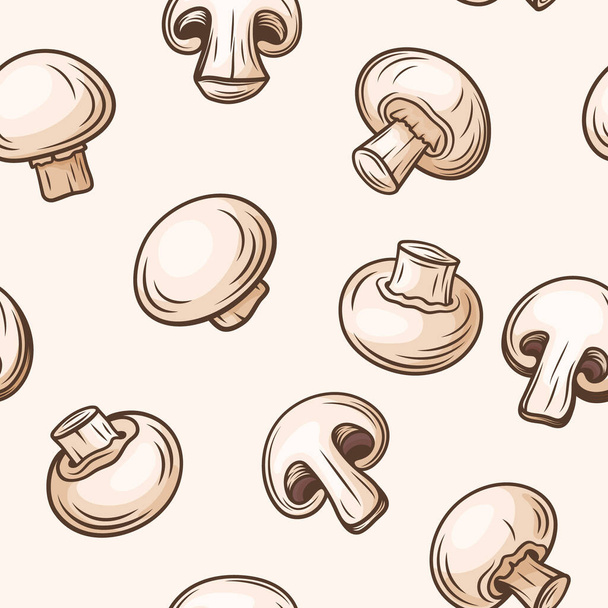Vector Seamless Pattern with Hand Drawn White Champignon. Cartoon Champignon Mushrooms. Design Template, Clipart. Agaricus Campestris. - Vektor, Bild
