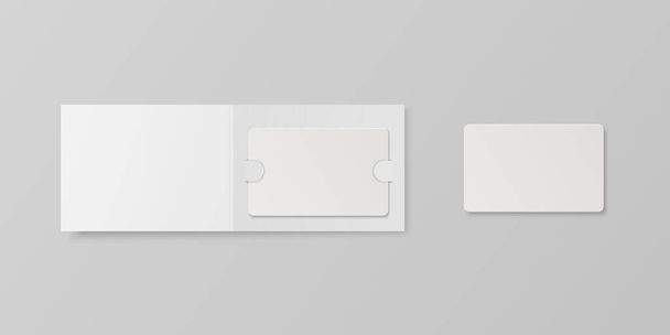 Vector 3d Realistic White Guest Room, Plastic Hotel Apartment Keycard, ID Card, Sale, Credit Card Design Template with Paper Cover Case, Wallet for Mockup, Branding. Top View. - Вектор, зображення