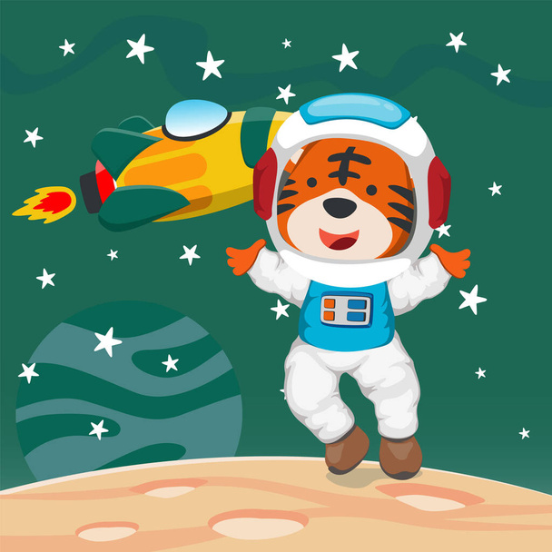 Cute cosmonaut tiger in a spacesuit flies in outer space. Vector illustration on the space theme in cartoon style. - Vektor, kép