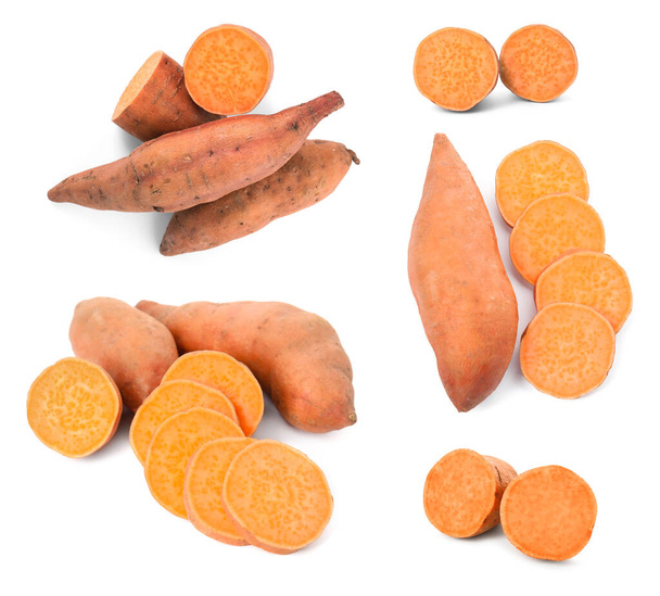 Set with whole and cut ripe sweet potatoes on white background - Valokuva, kuva