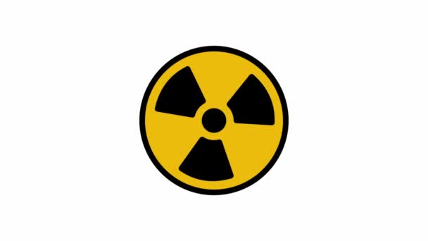 Animált sugárzás kering. Nukleáris jel szimbólum forog körül elszigetelt fehér alapon. A sárga radioaktív jel fehér alapon forog. Mozgókép - Felvétel, videó