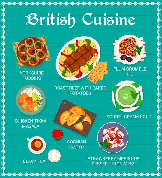 Βρετανικό μενού εστιατορίων. Πίτα δαμάσκηνο, μαύρο τσάι και cornish ζαχαροπλαστικής, φράουλα επιδόρπιο Eton Mess, ψητό βόειο κρέας με πατάτες και κοτόπουλο Tikka Masala, σούπα κρέμα Sorrel, πουτίγκα yorkshire - Διάνυσμα, εικόνα