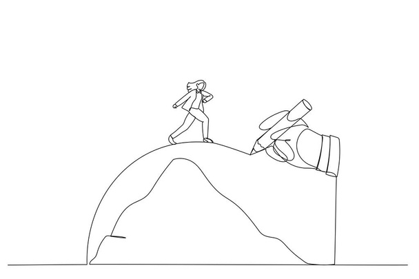 Drawing of giant hand draws a path to help the businesswoman cross the mountains, metaphor for conquering adversity. Continuous line art styl - Vector, Image