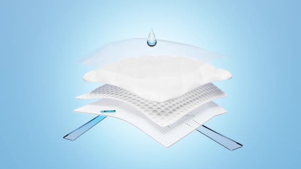 3d ventilate toont water splash transparant voor luiers, synthetische vezel haar absorberende laag met sanitaire servet, transparante film baby luier volwassen concept, 3d animatie, alfa - Video