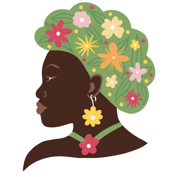 Saçında çiçekler olan siyah Afrikalı Amerikalı bir kadının el çizimi. Zihinsel sağlık uyum zihin psikolojisi konsepti, iyileştirici enerji yeşil tasarım, yaz modası - Fotoğraf, Görsel