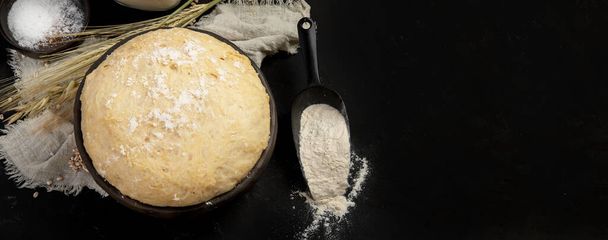 Raw dough pastry in a bowl on dark background. Homemade bio food concept. Top view, copy space, panorama - Фото, изображение