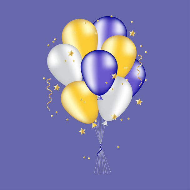 Paquete de globos festivos con confeti, estrellas y serpentina sobre un fondo muy peri color. Fondo festivo con globos de colores - Vector, Imagen