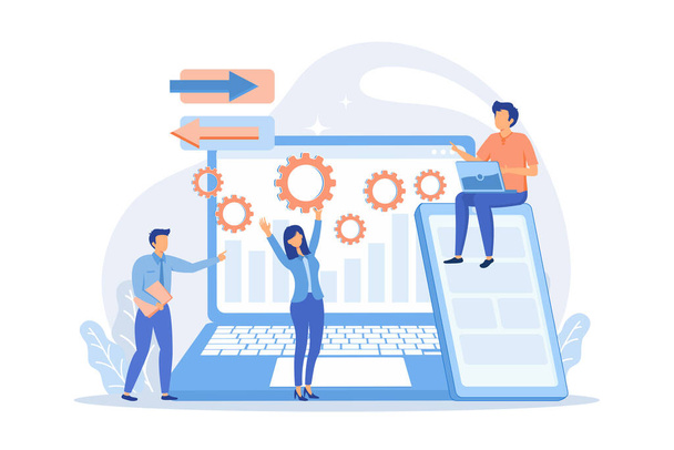 Tester and developer work with laptop and tablet. Cross platform bug founding, bug identification and testing team concept on white background. vector illustration - Vector, Image