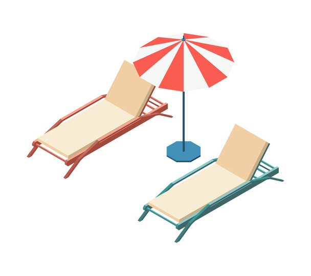 Due lettini da spiaggia isometrici vuoti e ombrellone illustrazione vettoriale 3d - Vettoriali, immagini