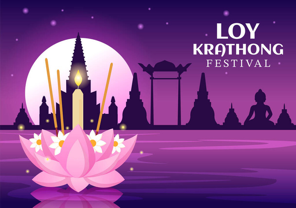 Celebración del festival Loy Krathong en Tailandia Plantilla Dibujado a mano Ilustración plana de dibujos animados con linternas y krathongs flotando en el diseño del agua - Vector, Imagen