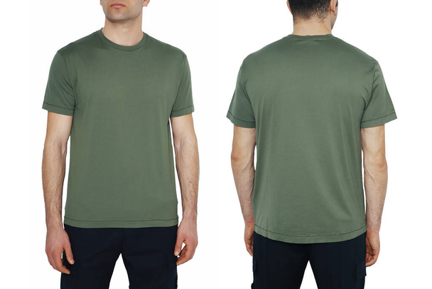 グレーの背景にコピースペースのある緑のTシャツの2つの側面  - 写真・画像