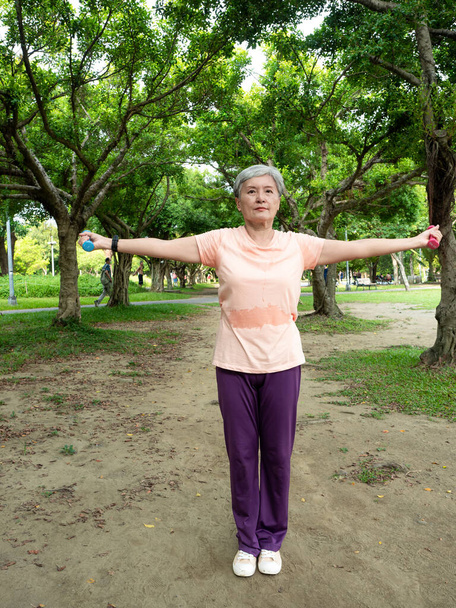 60 'lı yaşlarda, spor kıyafetleri giyen, kol çalışması yapan ve parkta rahatlamak için halter egzersizi yapan olgun Asyalı kadın portresi.. - Fotoğraf, Görsel