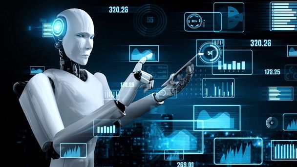 Майбутні фінансові технології, що контролюються роботом штучного інтелекту, використовують машинне навчання та штучний інтелект для аналізу бізнес-даних та дають поради щодо інвестиційного та торговельного рішення. 3D візуалізація
 . - Фото, зображення