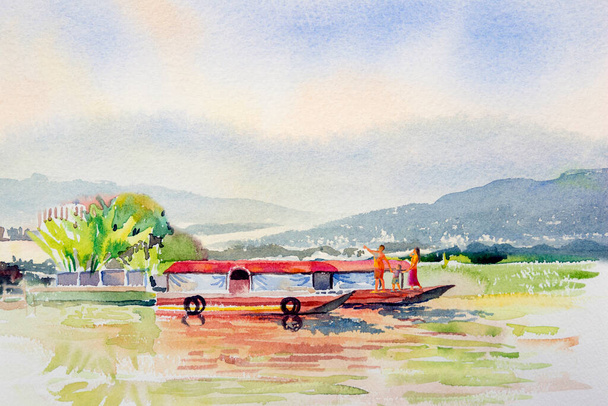 Fishing boats and fishing families. Watercolor paintings of beautiful landscapes and mountains, rivers, and sky cloud background. Painted impressionist, illustration image - Photo, Image