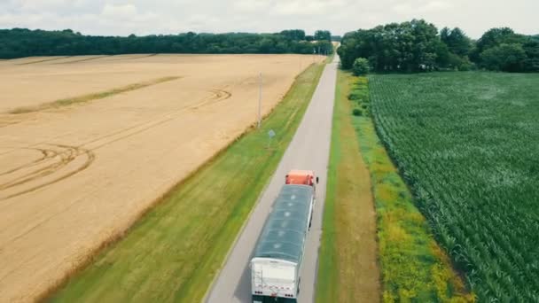 Вид з повітря Вантажівка їде по дорозі між пшеничним полем і кукурудзяним полем. Перевезення зерна після збирання на полях
 - Кадри, відео
