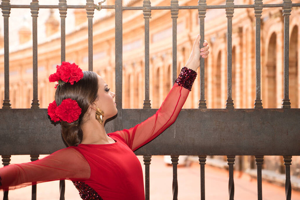 Όμορφη έφηβη που χορεύει φλαμένκο σε μια πλατεία στη Σεβίλλη της Ισπανίας. Φοράει κόκκινο φόρεμα με βολάν και χορό φλαμένκο με πολλή τέχνη. Φλαμένκο πολιτιστική κληρονομιά της ανθρωπότητας. - Φωτογραφία, εικόνα