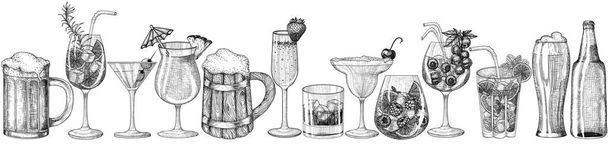  Vector set of 13 glasses of drinks in engraving style. Graphic linear aperol, mojito, strawberry champagne, berry cocktail, martini, iced whiskey, cherry margarita, pina colada, ale, beer bottle - Vector, Image