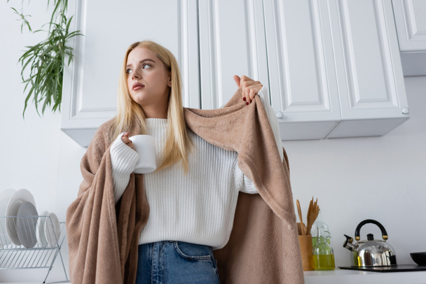 low angle view of young blonde woman in white sweater and blanket holding cup of tea  - Photo, Image
