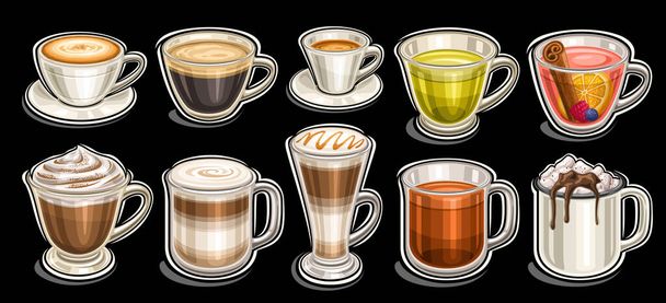 Set da caffè e tè vettoriale, ampio gruppo di varietà ritagliate illustrazioni tazza di caffè in porcellana, tazza trasparente con bevanda calda scura, cappuccino montata di design del cartone animato, dessert a strati di caffè in vetro alto - Vettoriali, immagini