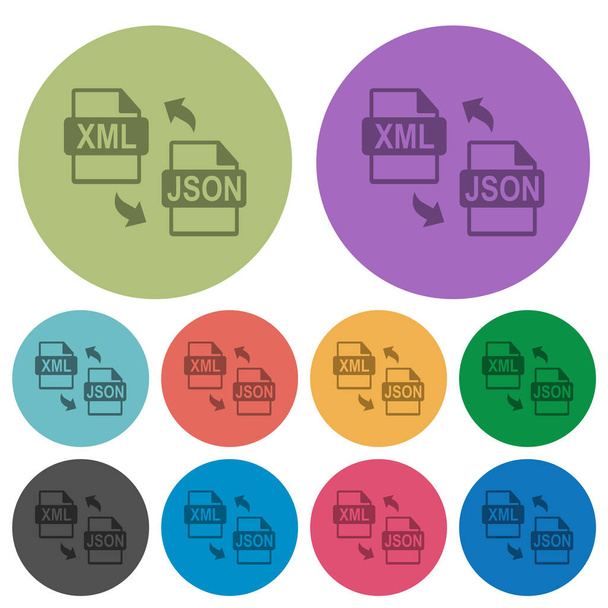 XML JSON bestand conversie donkerder platte pictogrammen op kleur ronde achtergrond - Vector, afbeelding