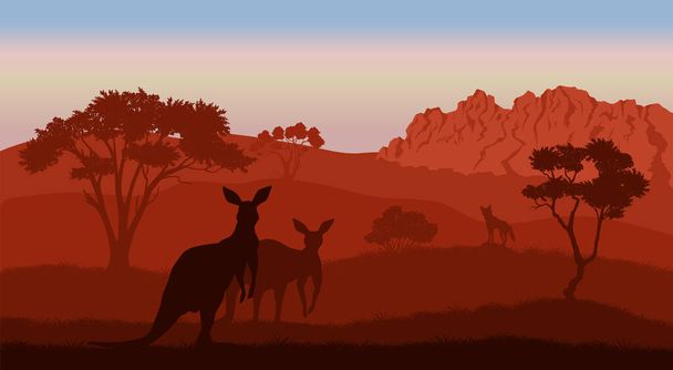 Australijski krajobraz. Sylwetki kangura. Savannah krajobraz Australii. Panoramiczna scena dzikiej przyrody. Letni zmierzch na pustkowiu. Ilustracja wektora - Wektor, obraz