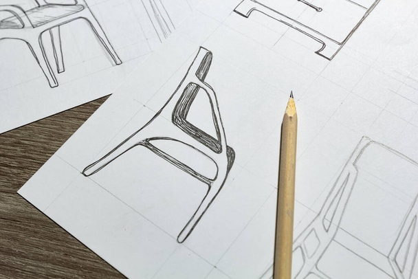 Bocetos de diseño de sillas de muebles sobre papel. - Foto, Imagen
