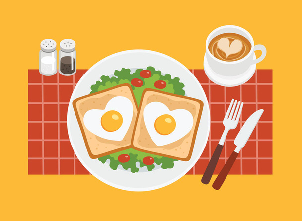 Míchaná vejce ve tvaru srdce na talíři s rajčaty, zeleninou a kávou. Ráno snídám. Snídaně je první jídlo dne v životě. potraviny s výhodami. - Vektor, obrázek