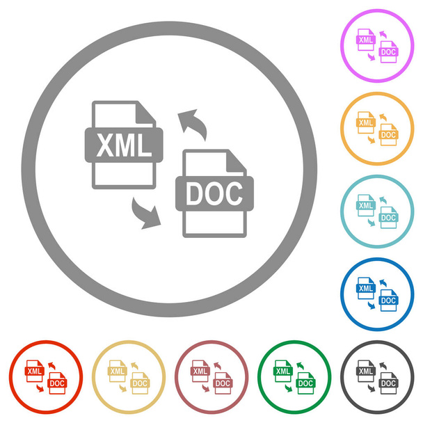 XML DOC αρχείο μετατροπή επίπεδη χρώμα εικονίδια σε στρογγυλό περιγράμματα σε λευκό φόντο - Διάνυσμα, εικόνα