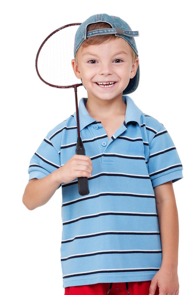 Rapaz com raquete de badminton
 - Foto, Imagem