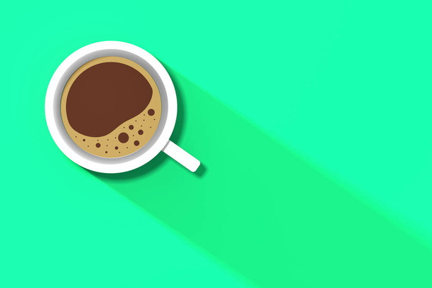 una tazza di caffè bianco su sfondo verde. lunga ombra dalla coppa. bevanda tonificante. immagine orizzontale. Immagine 3D. Rendering 3D. - Foto, immagini