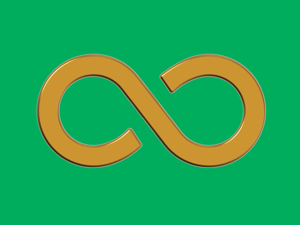 Il segno dell'infinito è dorato, isolato su fondo verde. Simbolo dell'infinito. Immagine orizzontale. Immagine 3D. Rendering 3D. - Foto, immagini