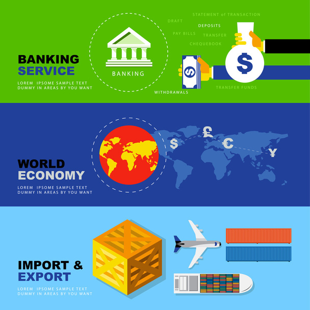 Τραπεζική υπηρεσία, παγκόσμια οικονομία, εισαγωγής και εξαγωγής. Econ επιχειρήσεων - Διάνυσμα, εικόνα