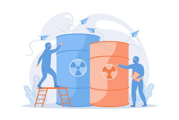 Radioactieve vaten. Mensen in beschermende pakken met biologische wapens. Chemische producten. Giftige stof, giftige vaten, nucleair gevaar. - Vector, afbeelding