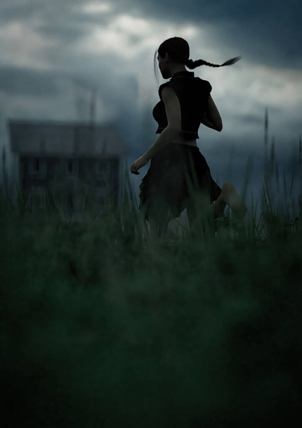 Nainen, jolla on poninhäntä mustassa hameessa ja paita juoksee paljain jaloin pellon läpi pitkä ruoho kohti taloa tumman pilvisen taivaan alla. 3D-kuvaus. - Valokuva, kuva