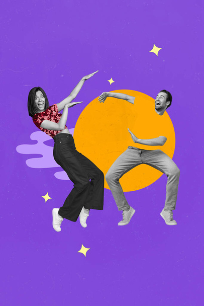 Collage photo of young couple funny students man guy woman dancing celebrating event party excited isolated on painted neon color background. - 写真・画像