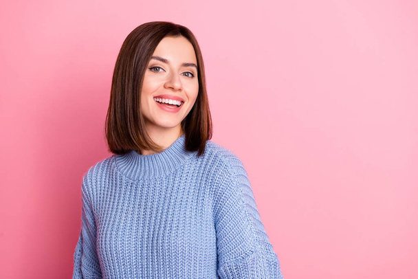 Closeup photo of young beautiful girl looking laughing flirty looking you isolated on pink color background. - Фото, изображение