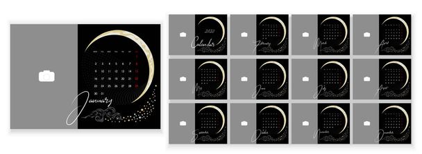 Desktop Monthly Photo Calendar 2023. Simple monthly horizontal photo calendar Layout for 2023 year in English. Cover Calendar, 12 months templates. Week starts from Monday. Vector illustration - Διάνυσμα, εικόνα