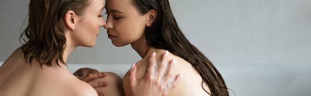 young lesbian woman touching wet long haired girlfriend while taking bath together, banner - Foto, Bild