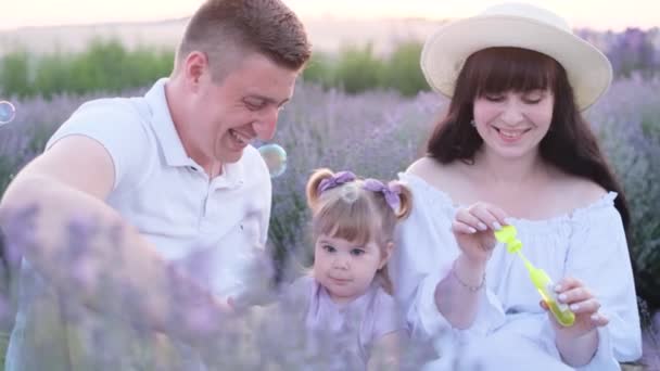 Jongeman blaast zeepbellen buiten met zijn familie in de zomer. Familie op een picknick in een lavendelveld. Hoge kwaliteit 4k video - Video