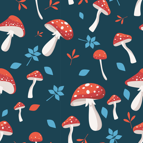 Seamless pattern with fly agaric and leaves - Vecteur, image
