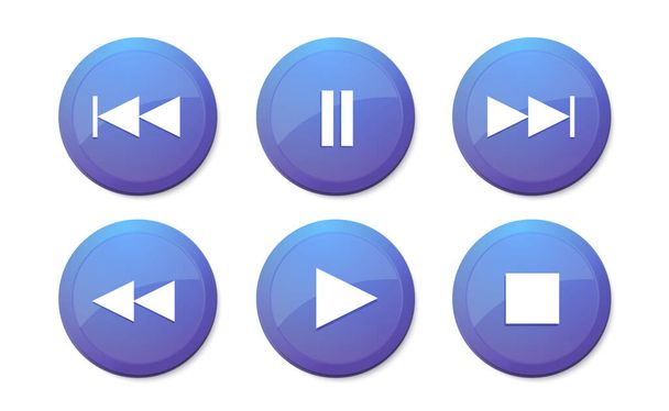 Online music player vector buttons. Modern design ui play stop button. Blue graphic interface isolated button set. Video app click icons on white background. Playlist control signs - Vettoriali, immagini